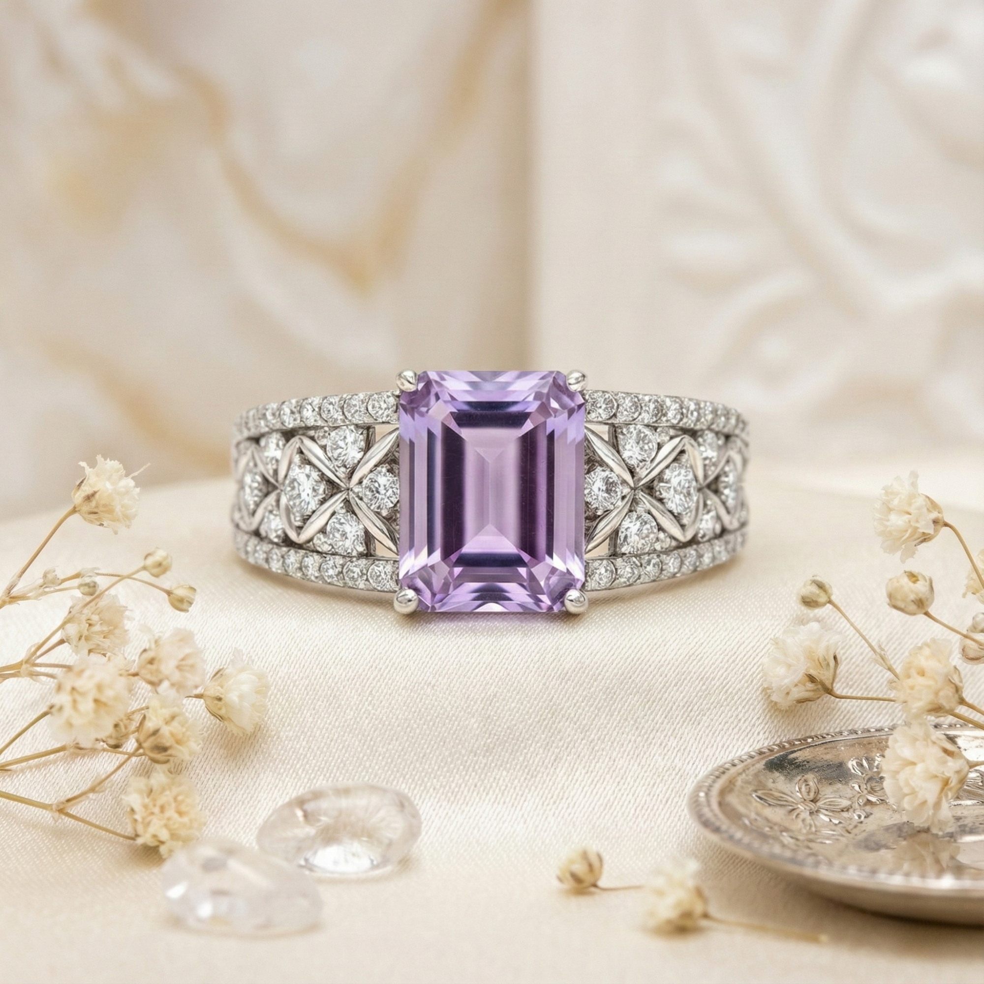 Emerald Cut Natural Amethyst Silver Statement Ring