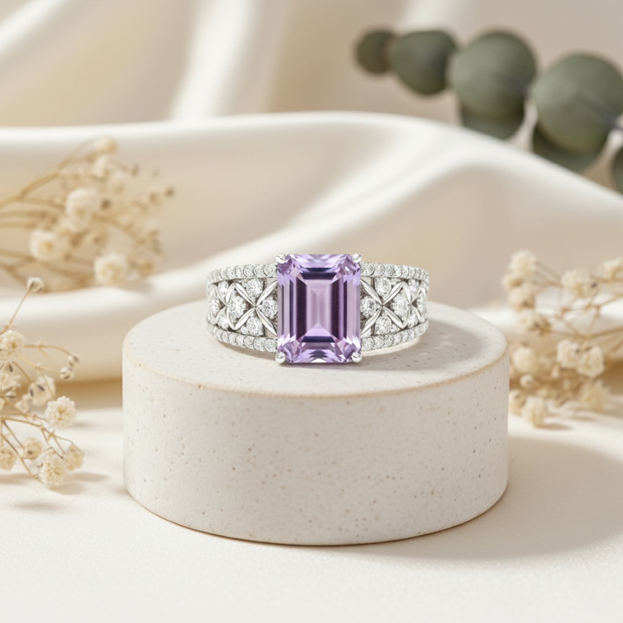 Emerald Cut Natural Amethyst Silver Statement Ring