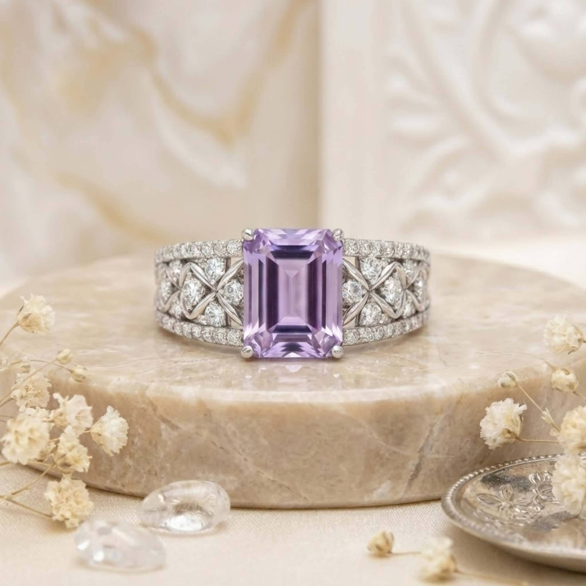 Emerald Cut Natural Amethyst Silver Statement Ring