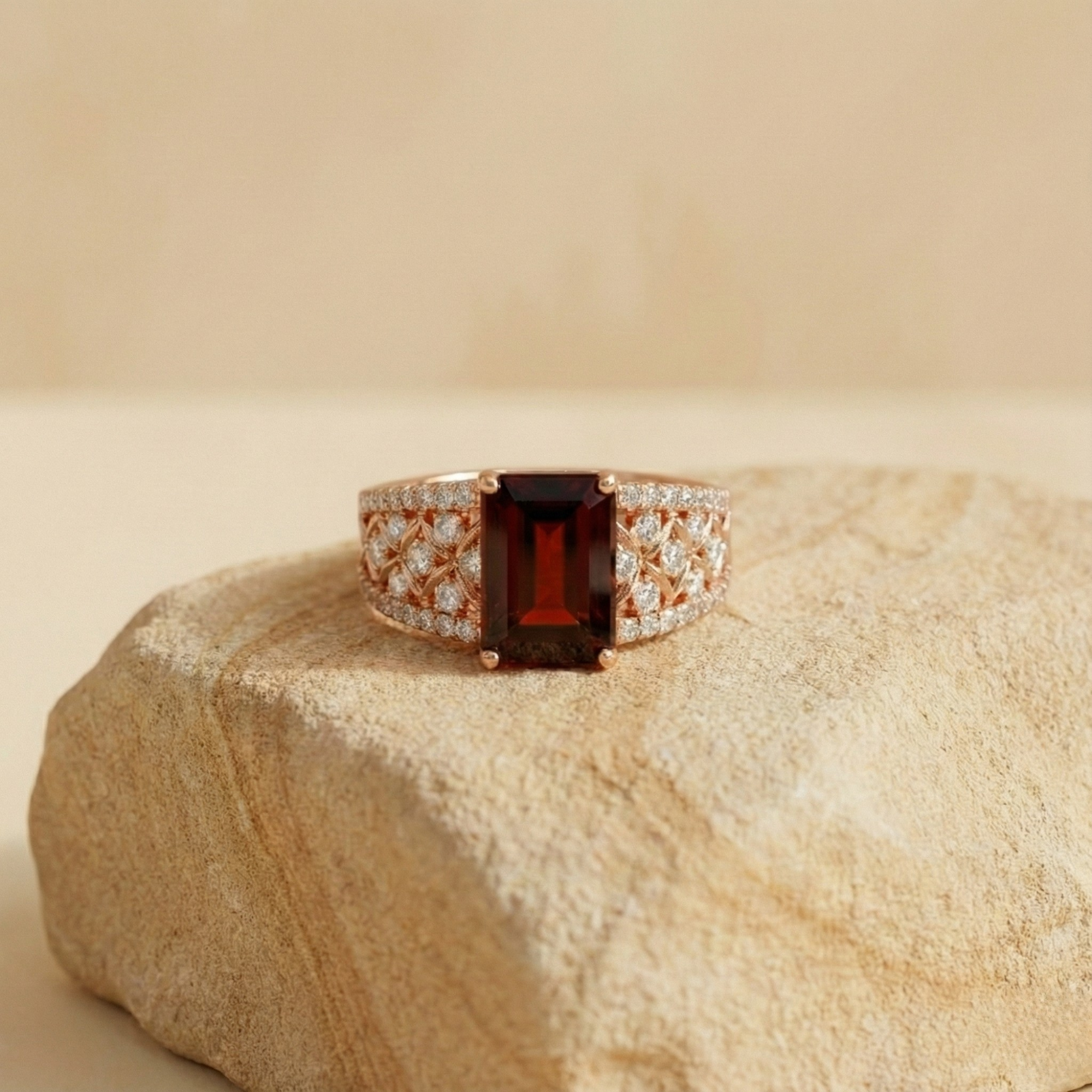 Emerald Cut Garnet and White Topaz Silver Ring