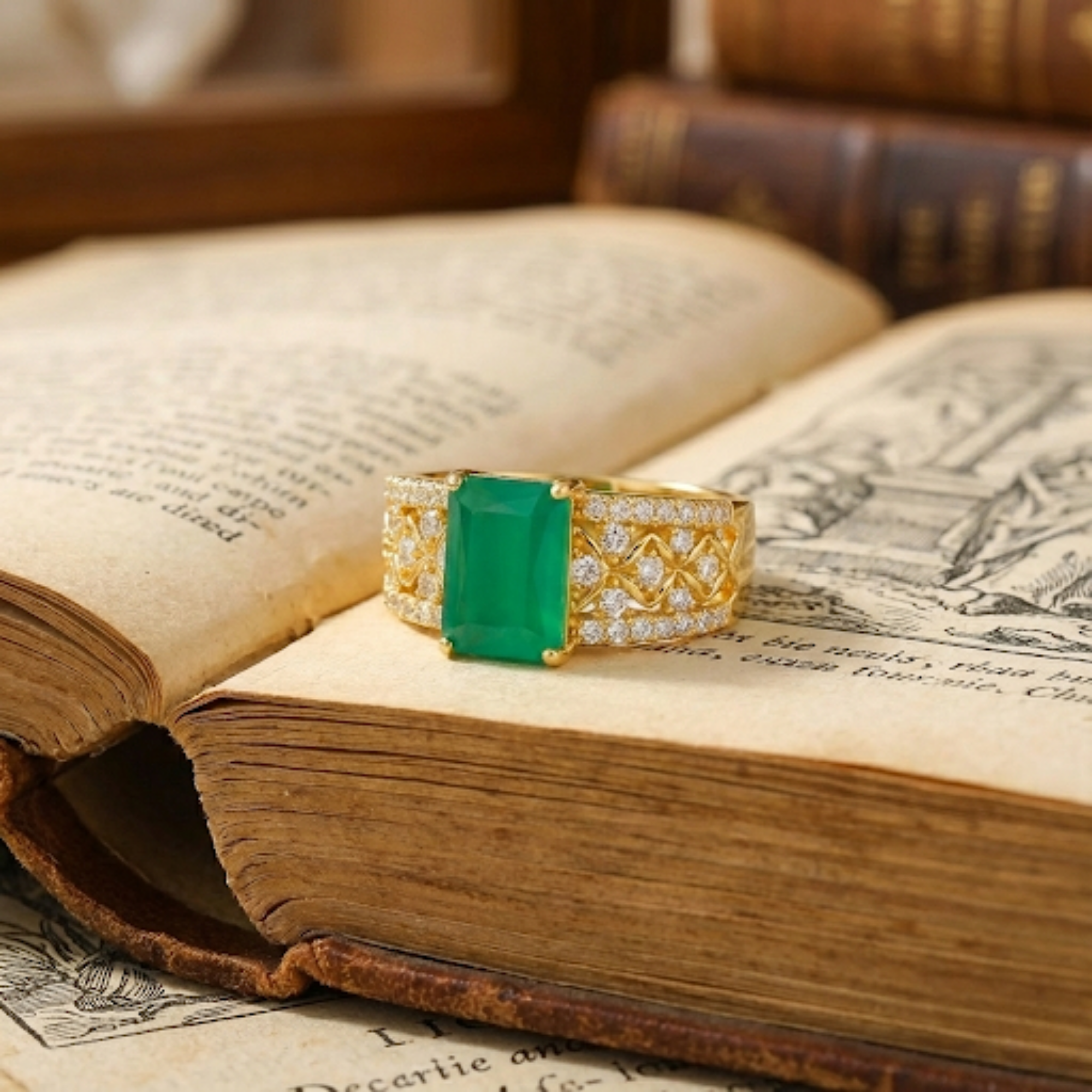 Emerald Cut Natural Green Agate Silver Statement Ring