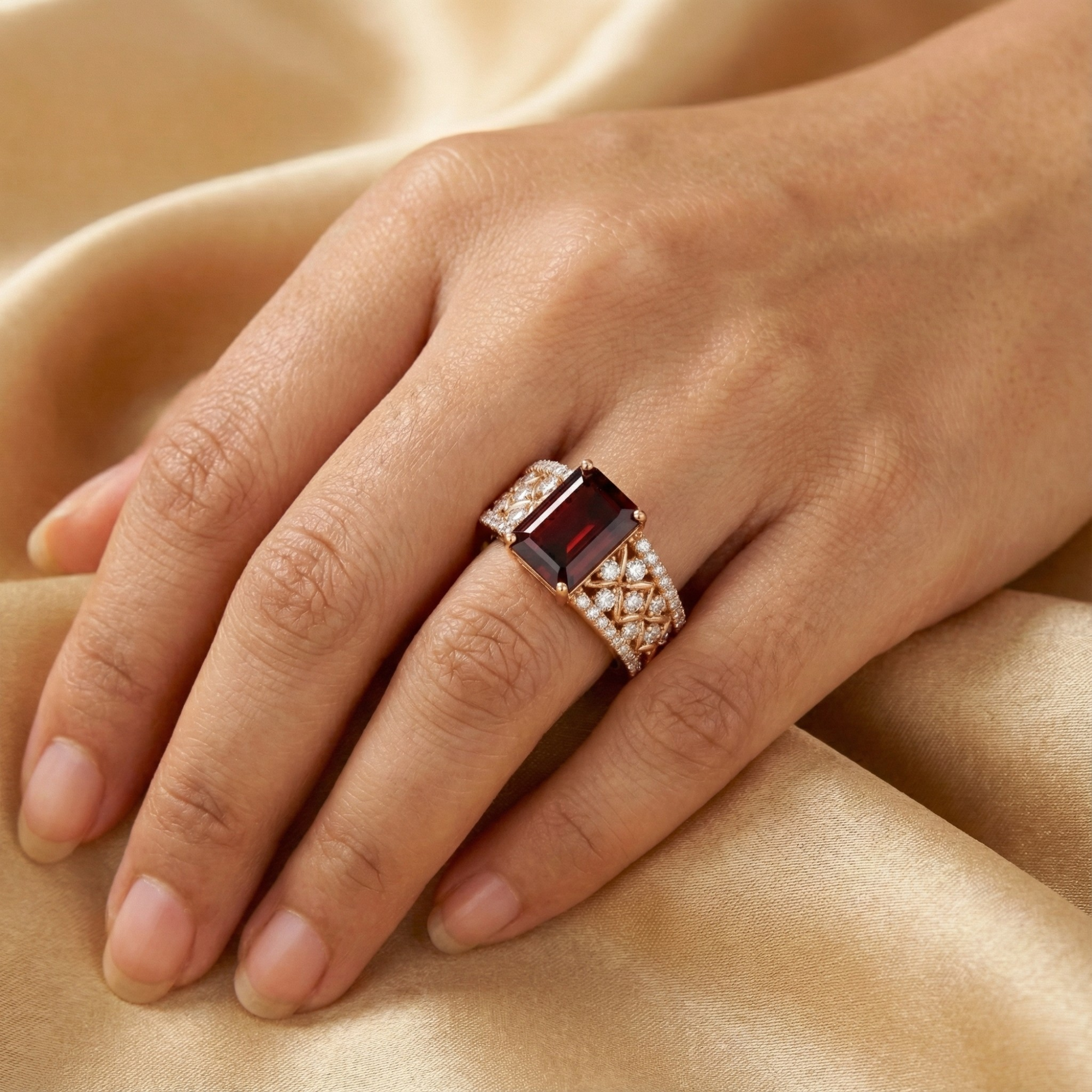 Emerald Cut Garnet and White Topaz Silver Ring