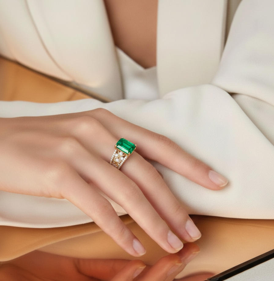 Emerald Cut Natural Green Agate Silver Statement Ring