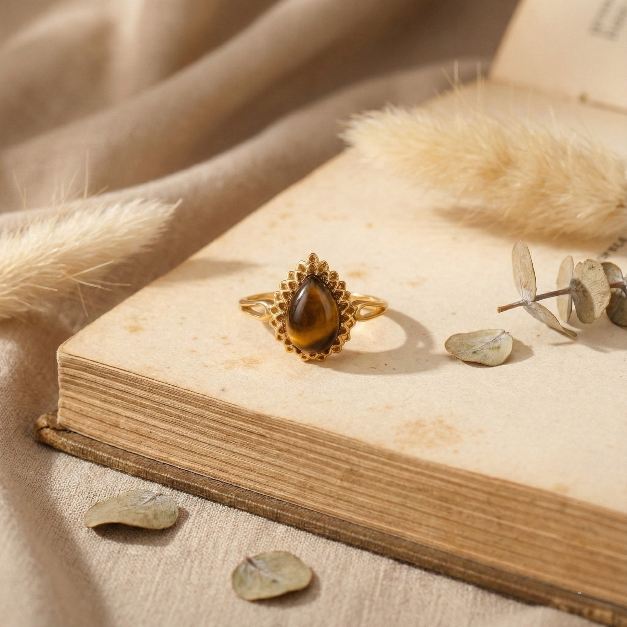 Golden Tigers Eye Pear Shaped Silver Ring