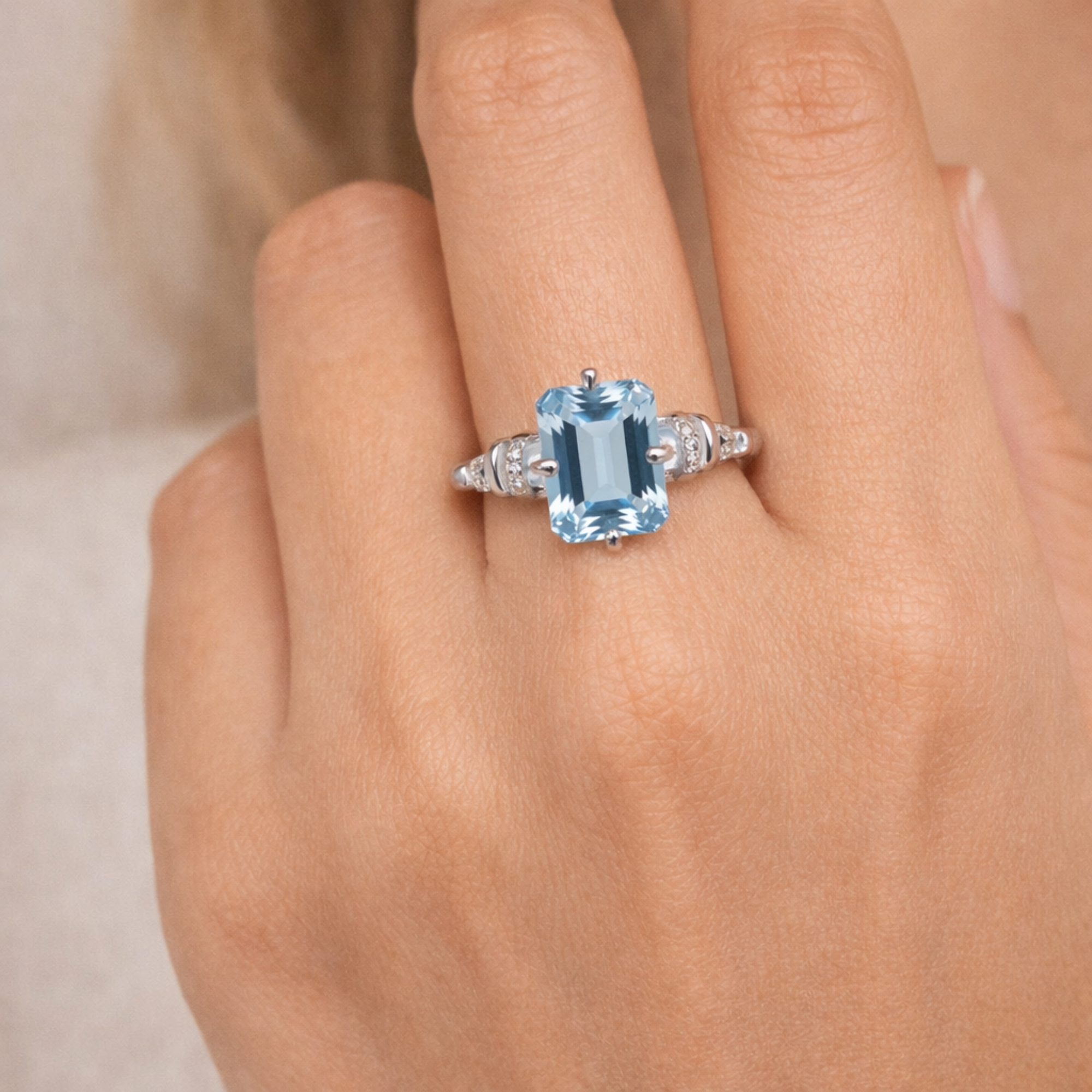 Natural Sky Blue Topaz Octagon Sterling Silver Pave Ring