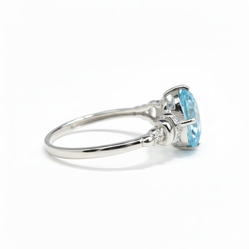 Natural Sky Blue Topaz Octagon Sterling Silver Pave Ring