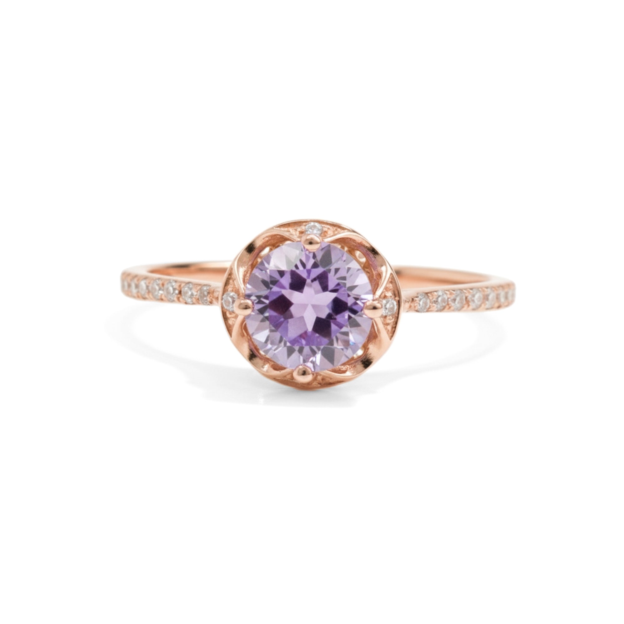 Natural Purple Amethyst Sterling Silver Round Pave Ring