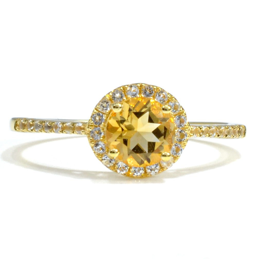 Natural Round Yellow Citrine Sterling Silver Halo Ring