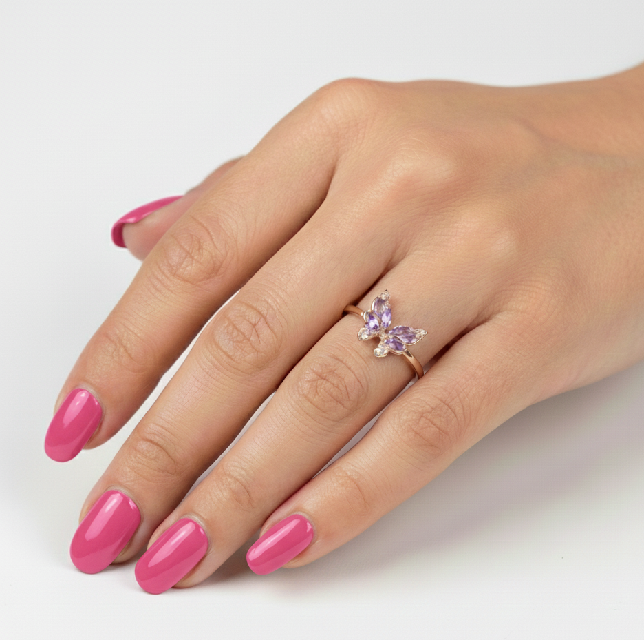 Natural Purple Amethyst Butterfly Ring Silver