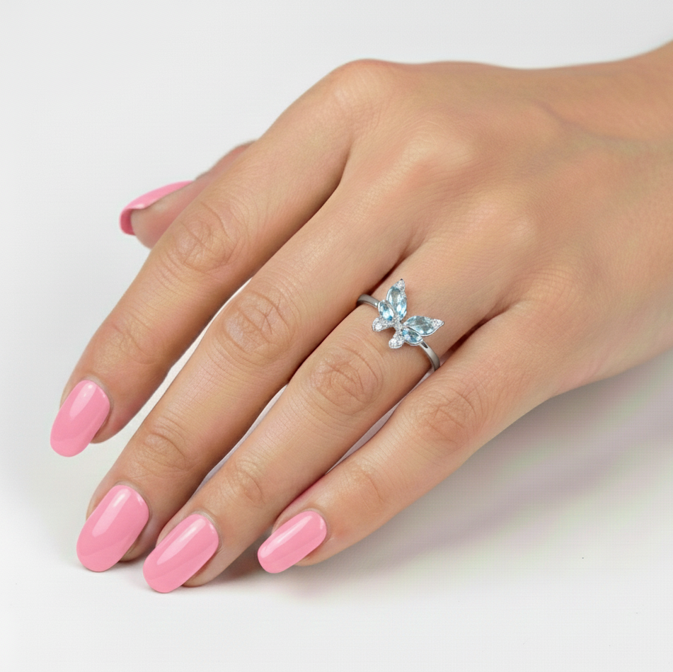 Natural Sky Blue Topaz Butterfly Ring Silver
