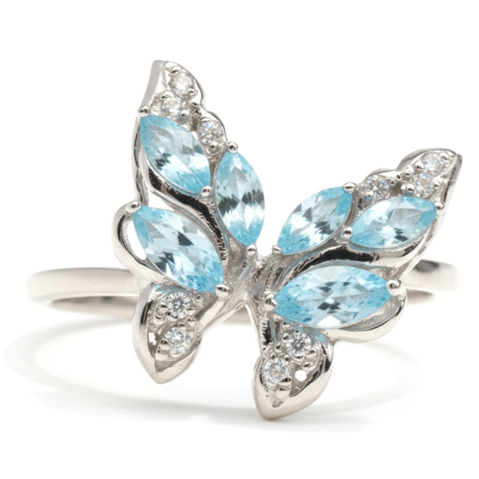 Natural Sky Blue Topaz Butterfly Ring Silver
