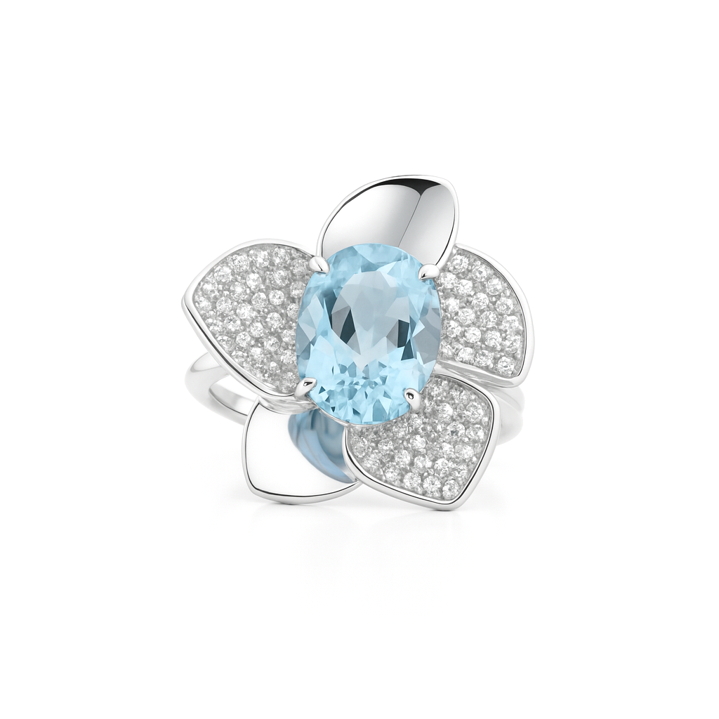 Natural Sky Blue Topaz Flower Ring Silver