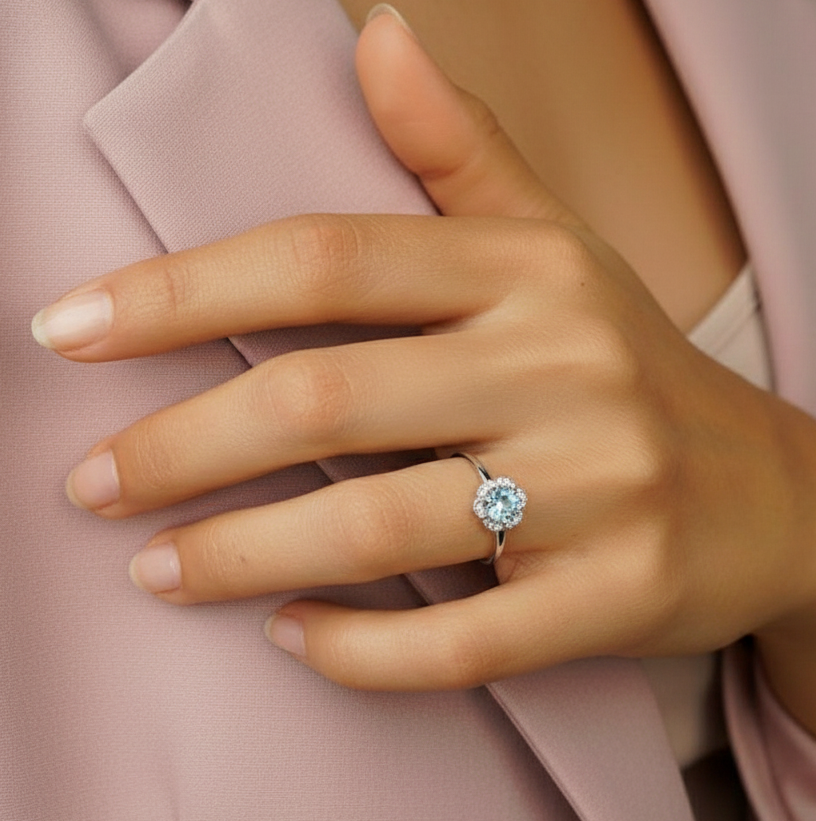 Natural Sky Blue Topaz Sterling Silver Floral Halo Ring