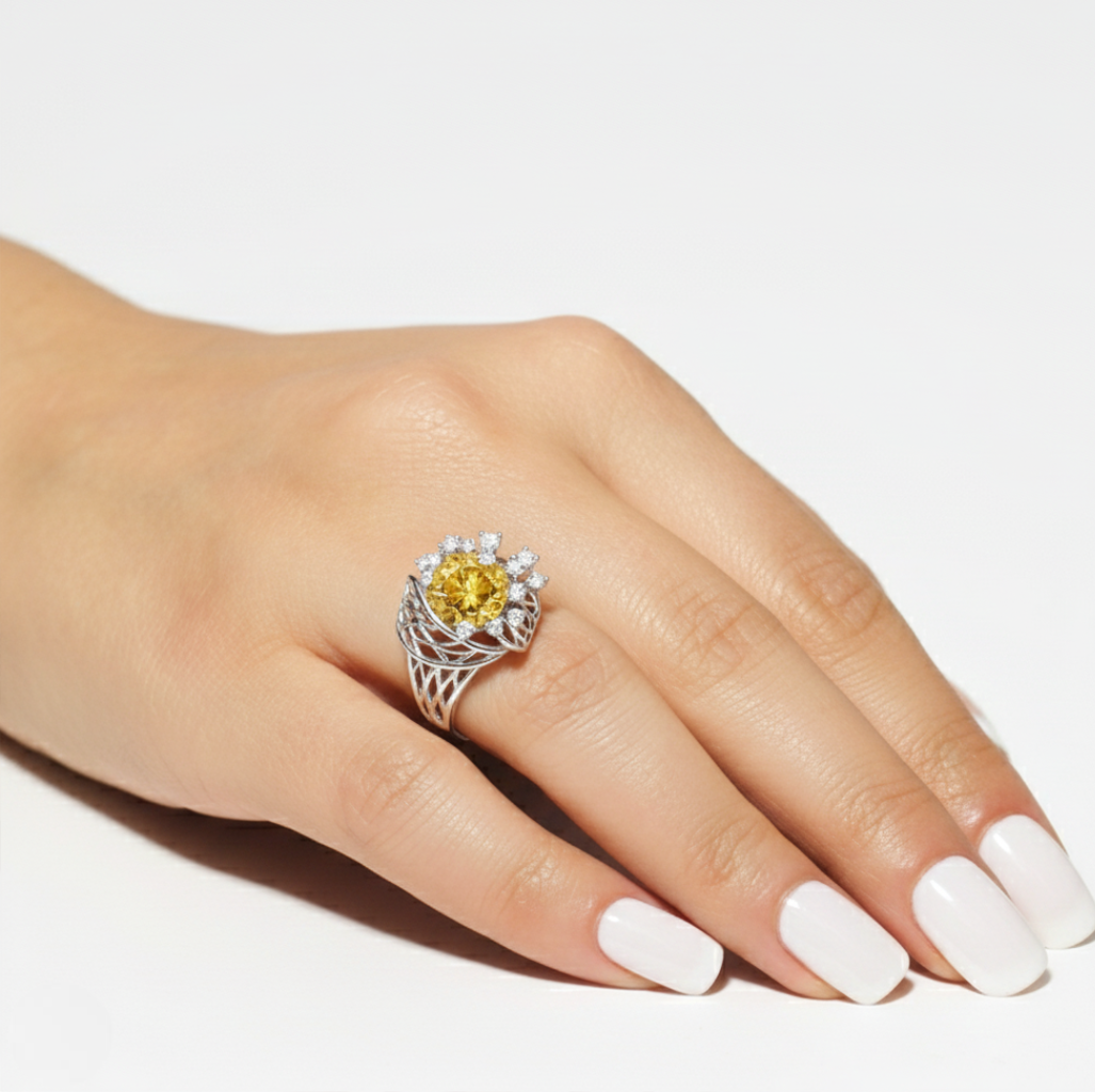 Natural Yellow Citrine Flower Silver Ring