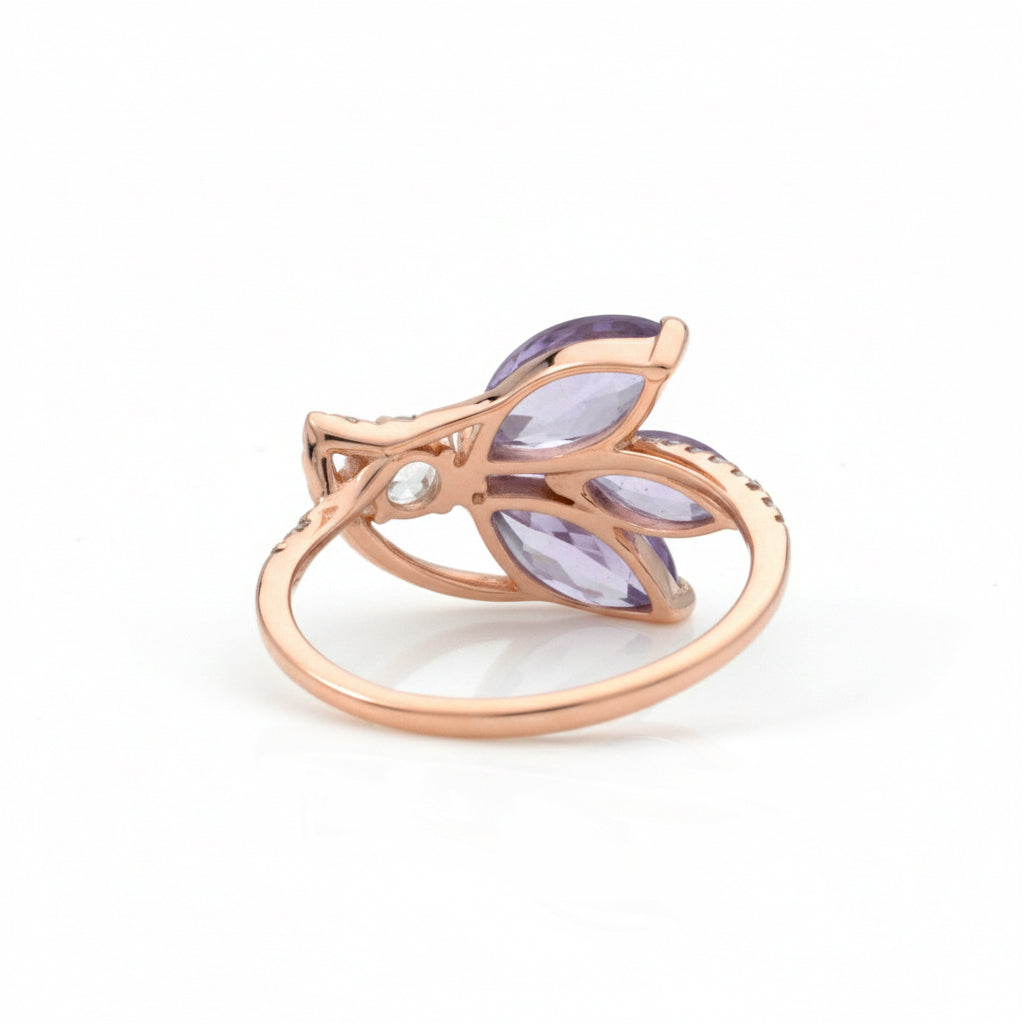 Natural Purple Amethyst Silver Unique Floral Ring