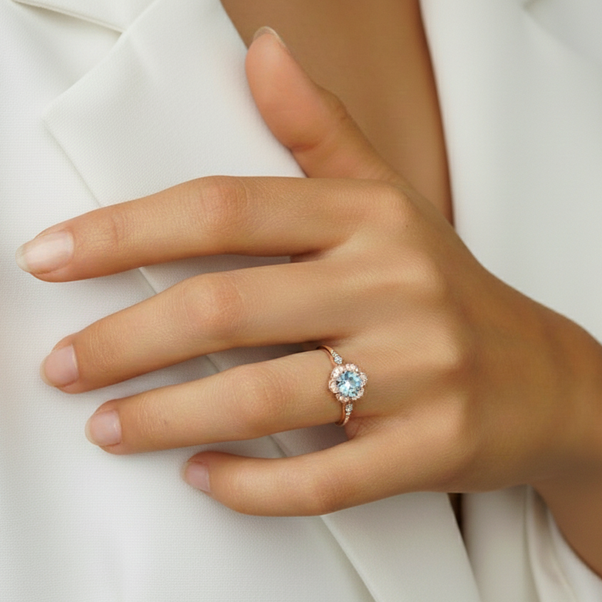 Round Natural Sky Blue Topaz Gemstone Silver Ring