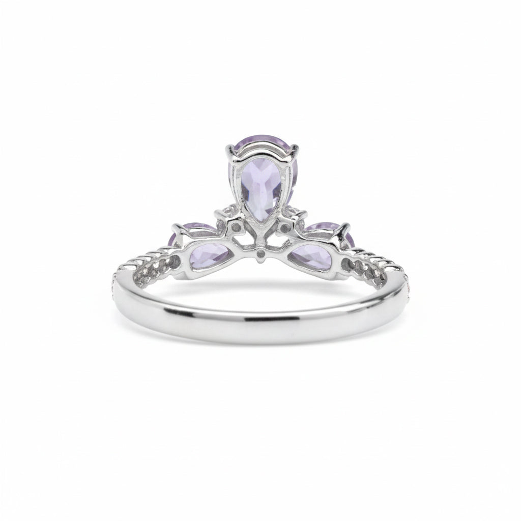 Natural Purple Amethyst Silver 3 Stone Ring