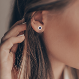 Model showcasing moissanite accents sapphire earrings Halo Stud Earrings blue sapphire ring moissanite sapphire blue stud earrings september birthstone natural helo earring Jewelry Gift For Her Affordable Sapphire september Earring best birthday gift blue helo Earring