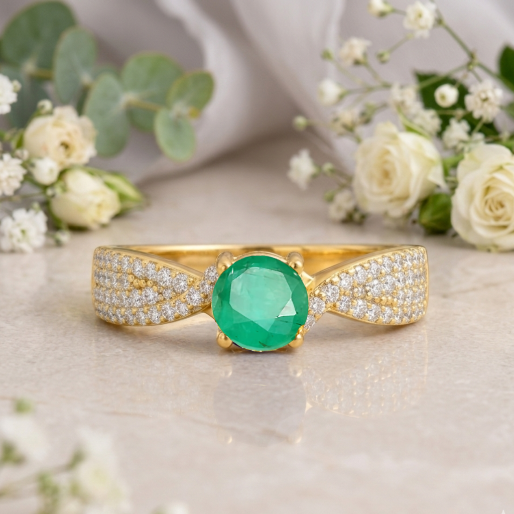 22k Gold Vermeil Green Emerald Solitiare Engagement Ring