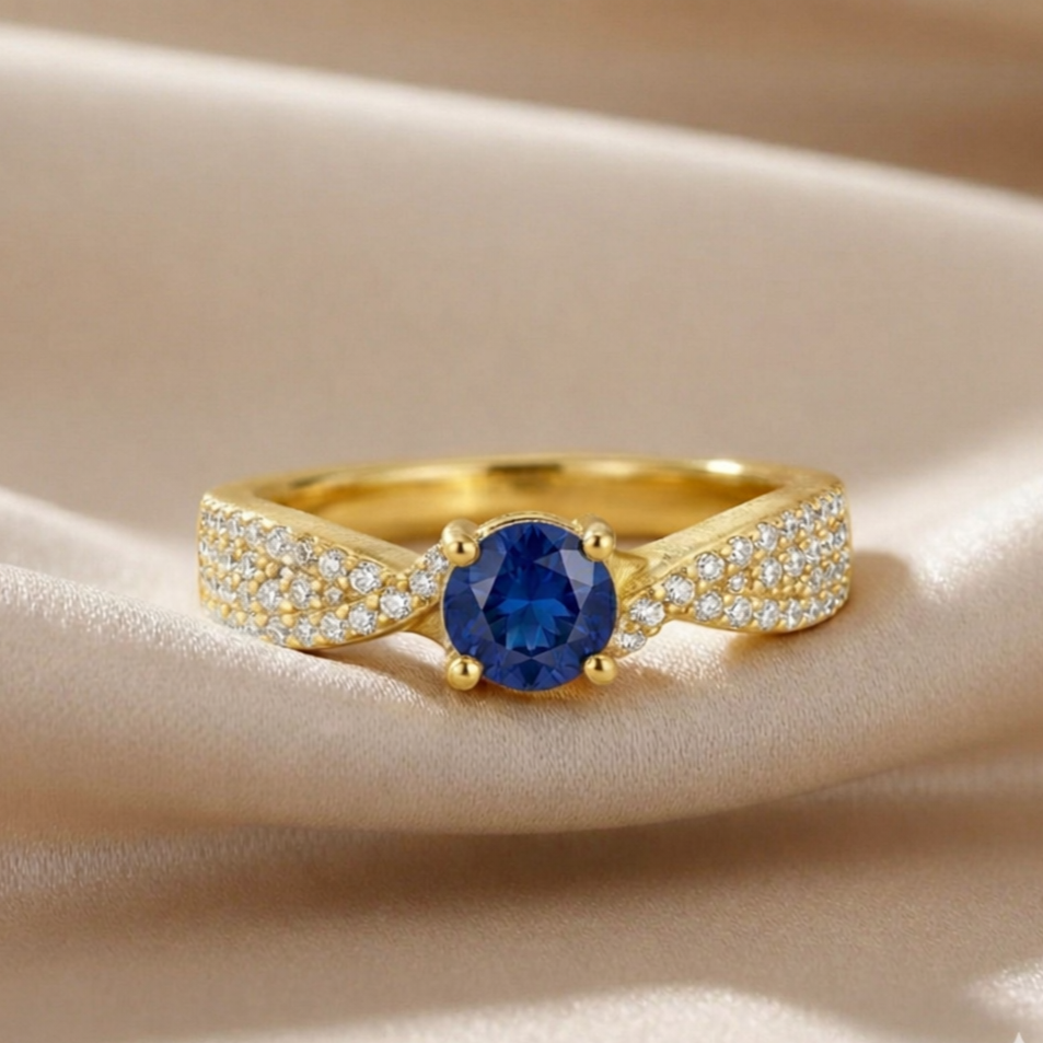 22k Gold Vermeil Blue Sapphire Solitiare Engagement Ring
