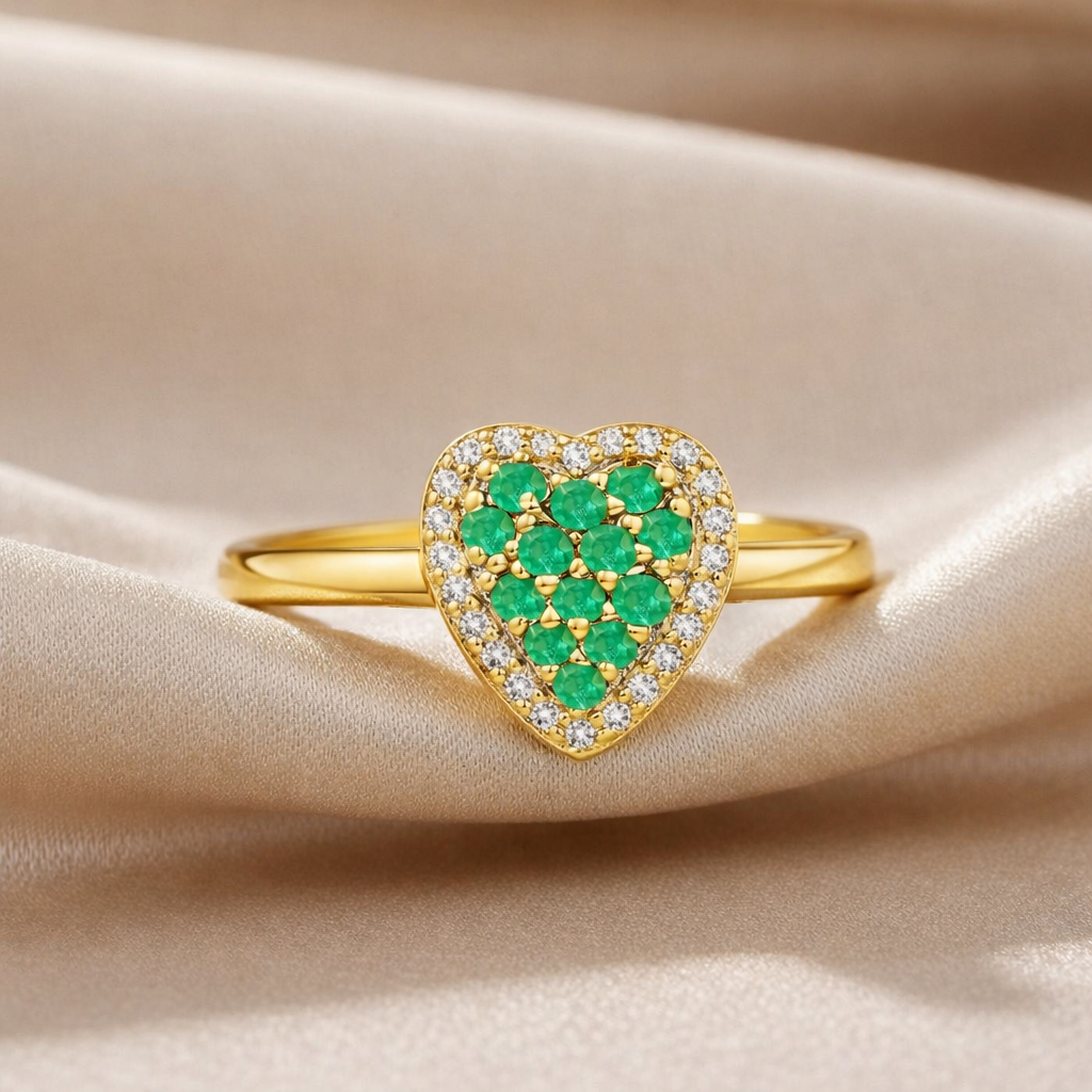 0.70 Ct Round Green Emerald and Moissanite Prong 22K Gold Vermeil Heart Halo Ring