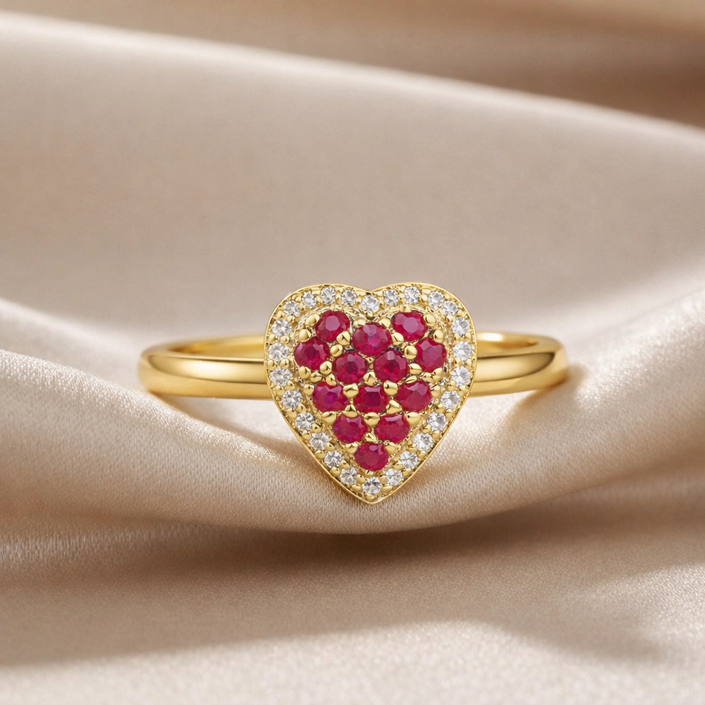 0.70 Ct Round Red Ruby 22k Gold Vermeil Fashion Cluster Halo Heart Pave Ring