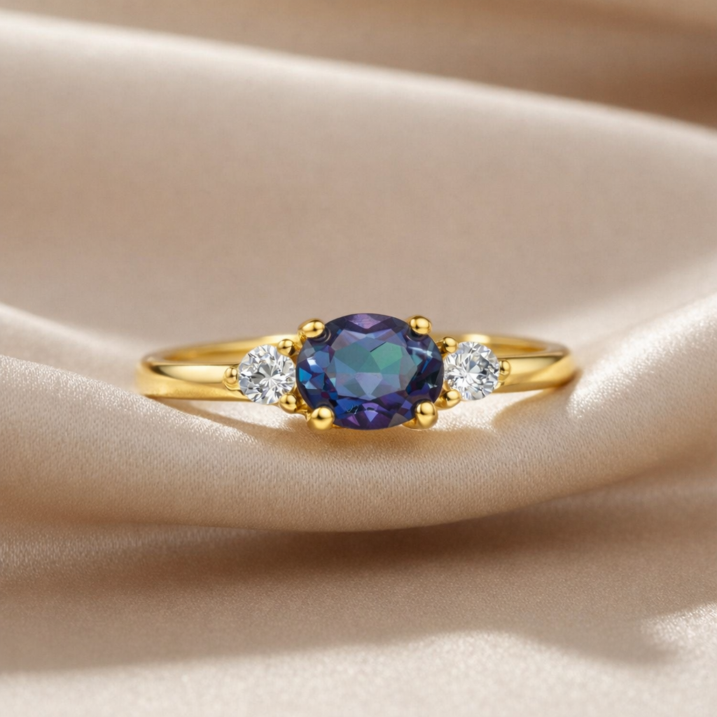 22k Gold Vermeil Alexandrite Oval Three Stone Ring