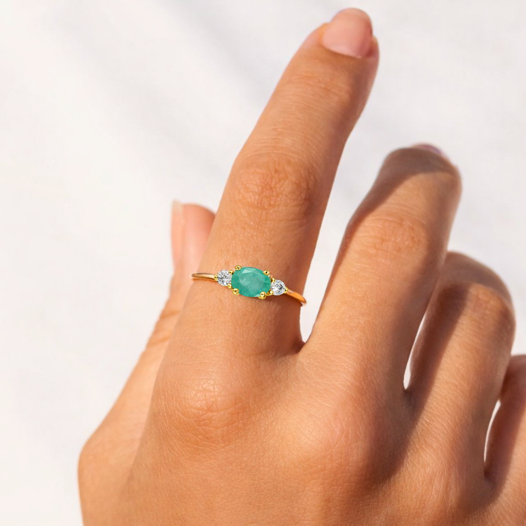 22k Gold Vermeil Emerald Oval Three Stone Ring Fine Color Jewels