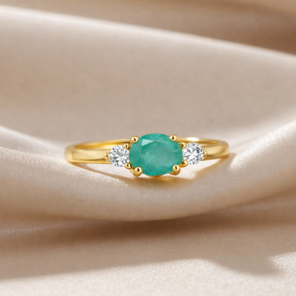 0.43 Ct Oval Green Emerald and White Sapphire Prong 22K Gold Vermeil Three Stone Promise Ring