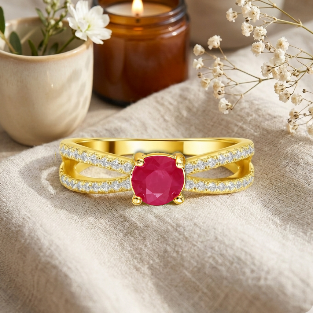 22k Gold Vermeil Ruby Split Band Engagement Ring Fine Color Jewels
