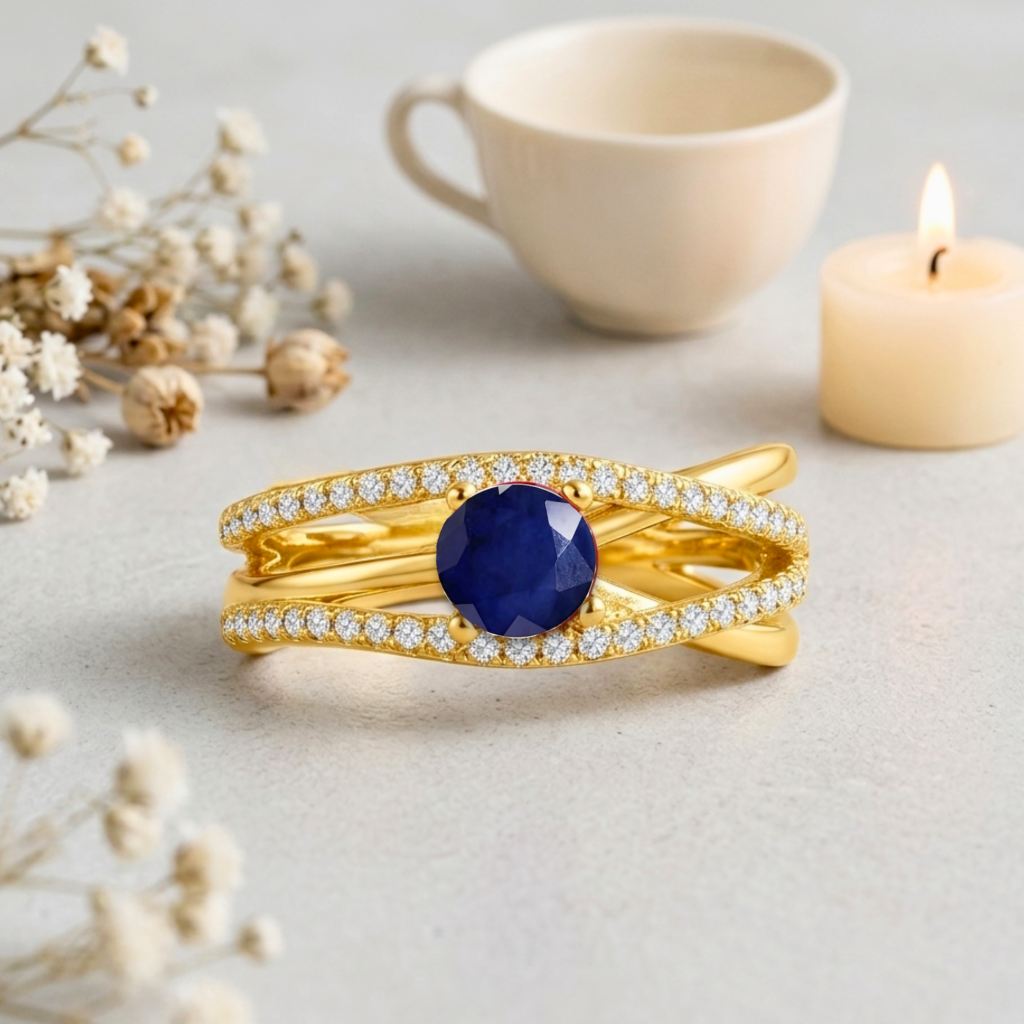 22k Gold Vermeil Blue Sapphire Split Band Fashion Ring