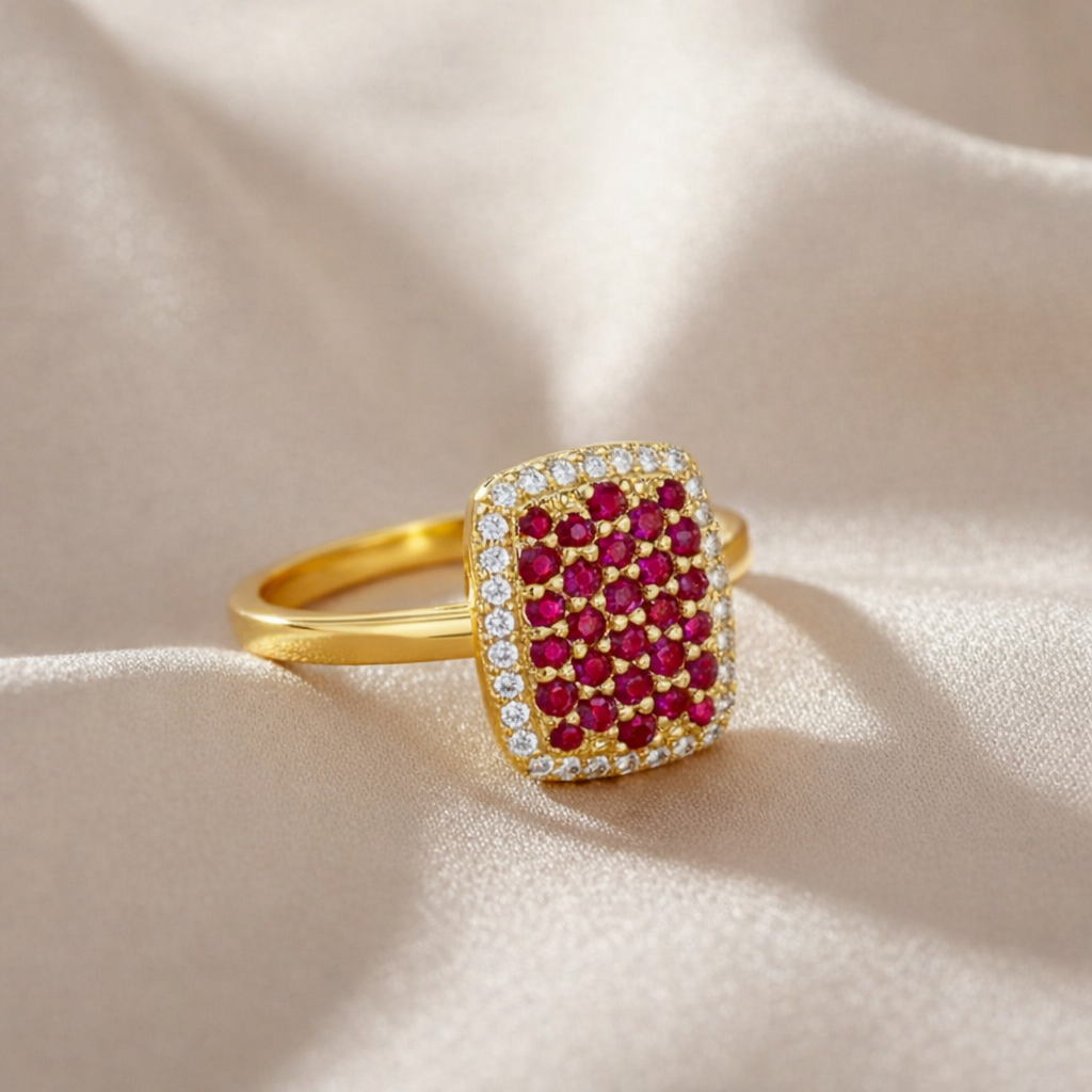 0.70 Ct Round Red Ruby 22k Gold Vermeil Statement Cluster Ring
