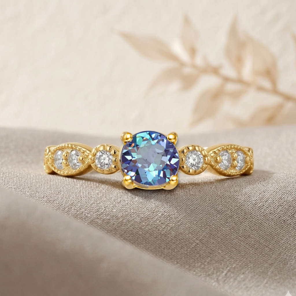 22k Gold Vermeil Alexandrite Round Solitaire Ring