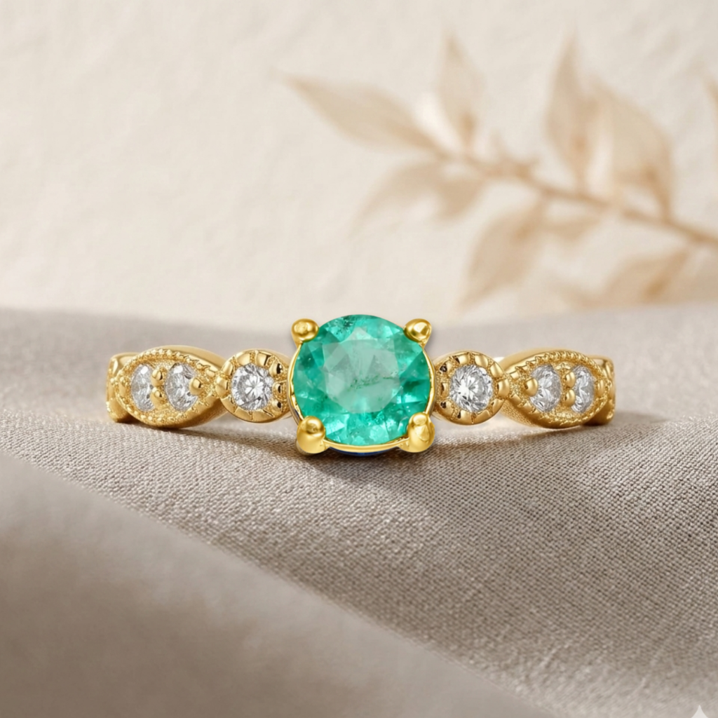 22k Gold Vermeil Round Emerald Solitaire Ring