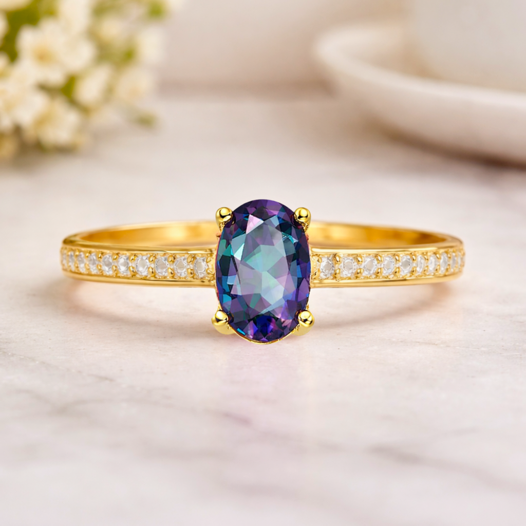 22k Yellow Gold Vermeil Gold Oval Alexandrite Pave Solitaire Ring
