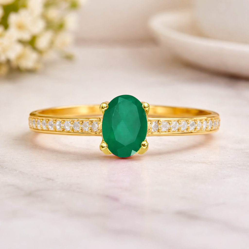 22k Yellow Gold Vermeil Oval Emerald Pave Solitaire Ring