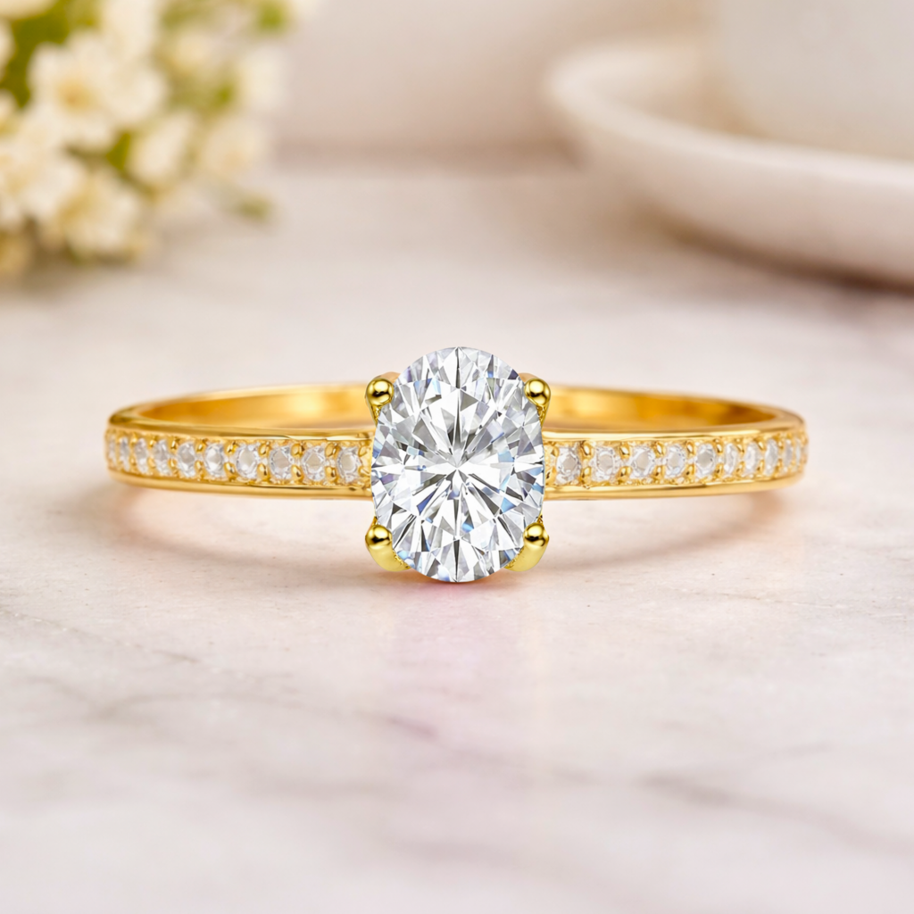 22k Yellow Gold Vermeil Oval Moissanite Pave Solitaire Ring