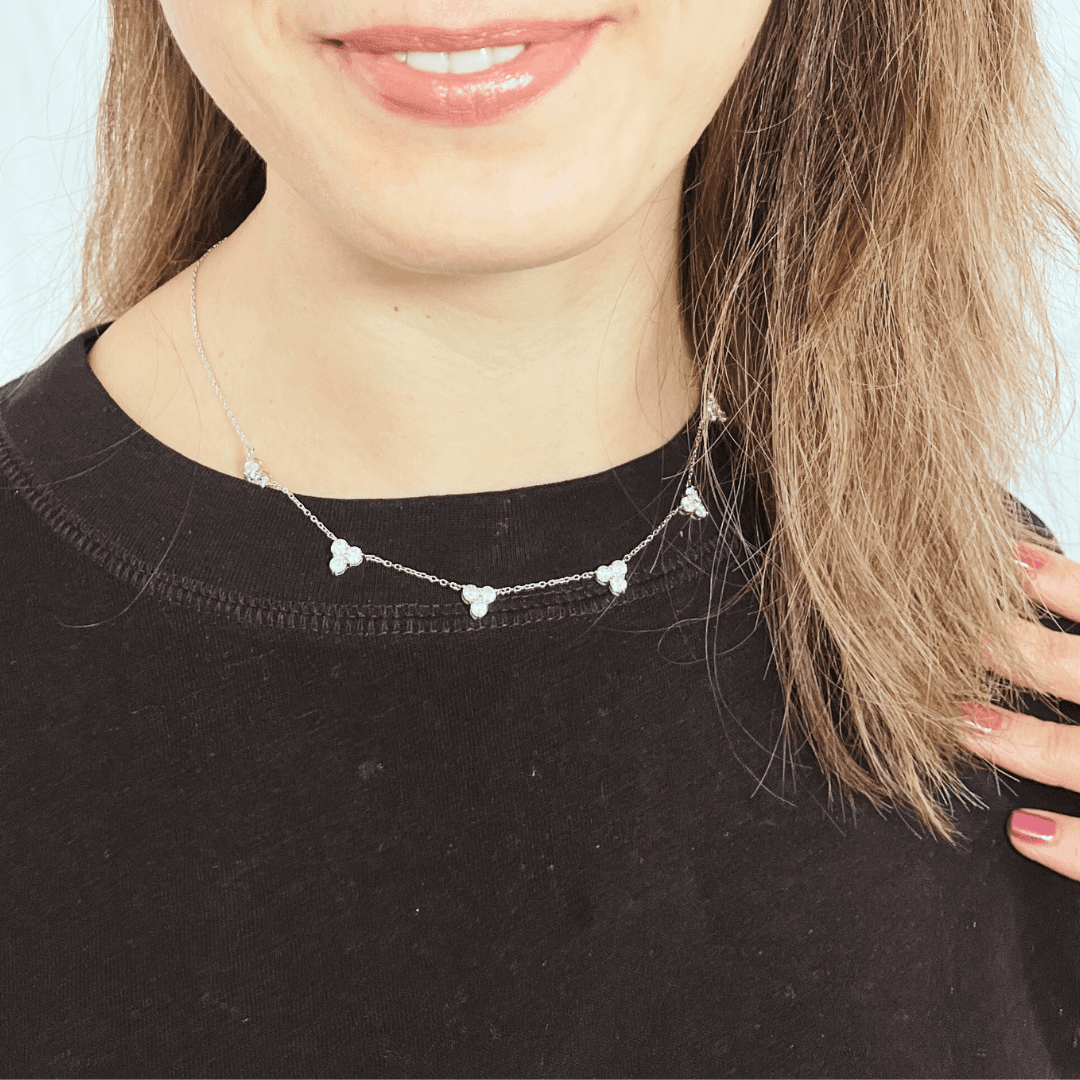model showcasing Choker Necklace for Women Triple Moissanite Cluster Collar Chain Silver Layering Necklace Moissanite Layering Necklace - FineColorJewels