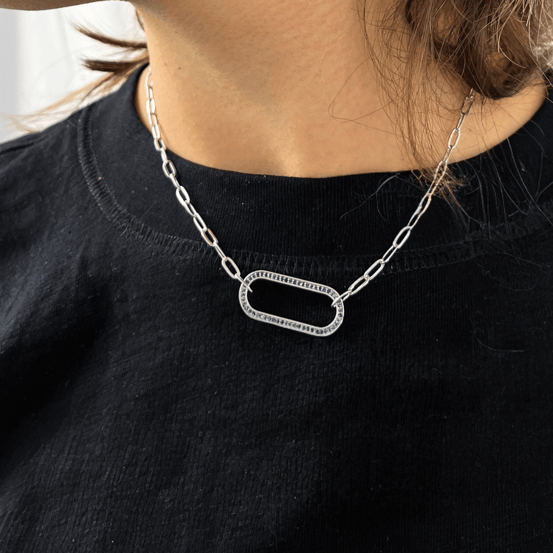 model showcasing Genuine Sapphire Linked Pendant Necklace Oval Shape Necklace Open Bar Necklace Blue Sapphire Pendant Silver Oval Link Chain teens Necklace- FineColorJewels