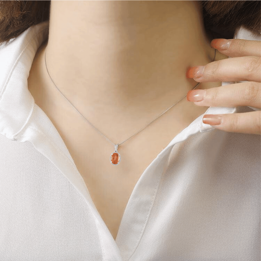 model showcasing Natural Citrine Pendant Necklace with Round Moissanite Accents Oval Citrine Halo Pendant Silver Chain