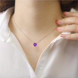 model showcasing Amethyst Heart Necklace Enamel Bezel Natural Amethyst 2.8 Ct Heart Pendant Necklace Rhodium Plated 925 Sterling Silver Valentines Day Gift