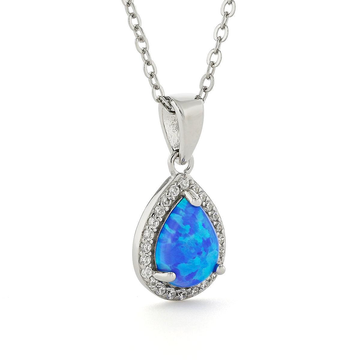 Blue Opal Teardrop Pendant Necklace Blue Pendant Anniversary Gift- FineColorJewels