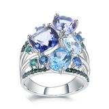 Mystic Quartz and Blue Topaz, statement ring designs, unique ring designs, fine gemstone jewery, blue gemstone ring designs, topaz jewelry, natural gemstone jewelry