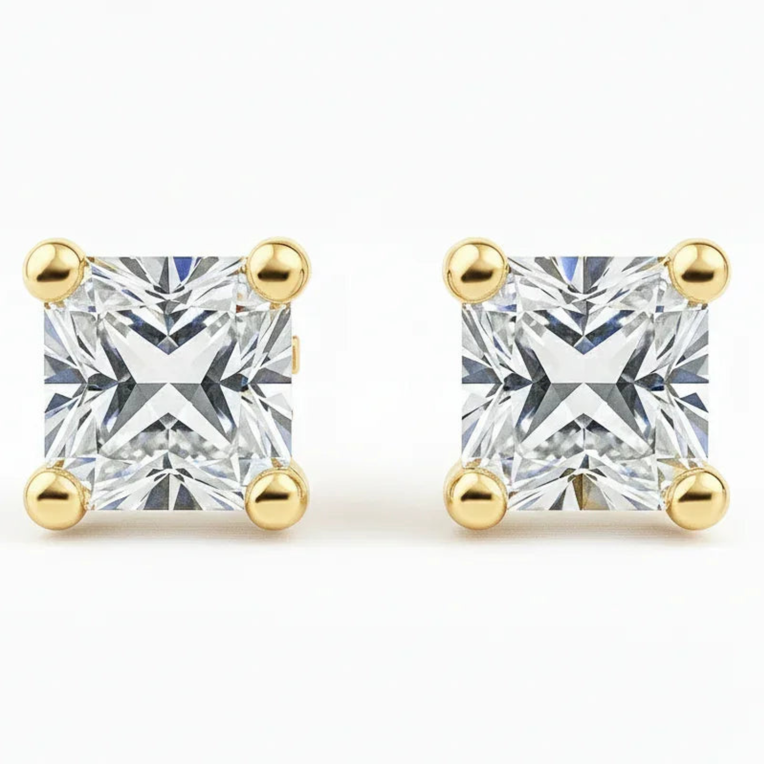 IGI Certified Princess Cut Lab Grown Diamond Solitaire Stud Earrings Yellow Gold