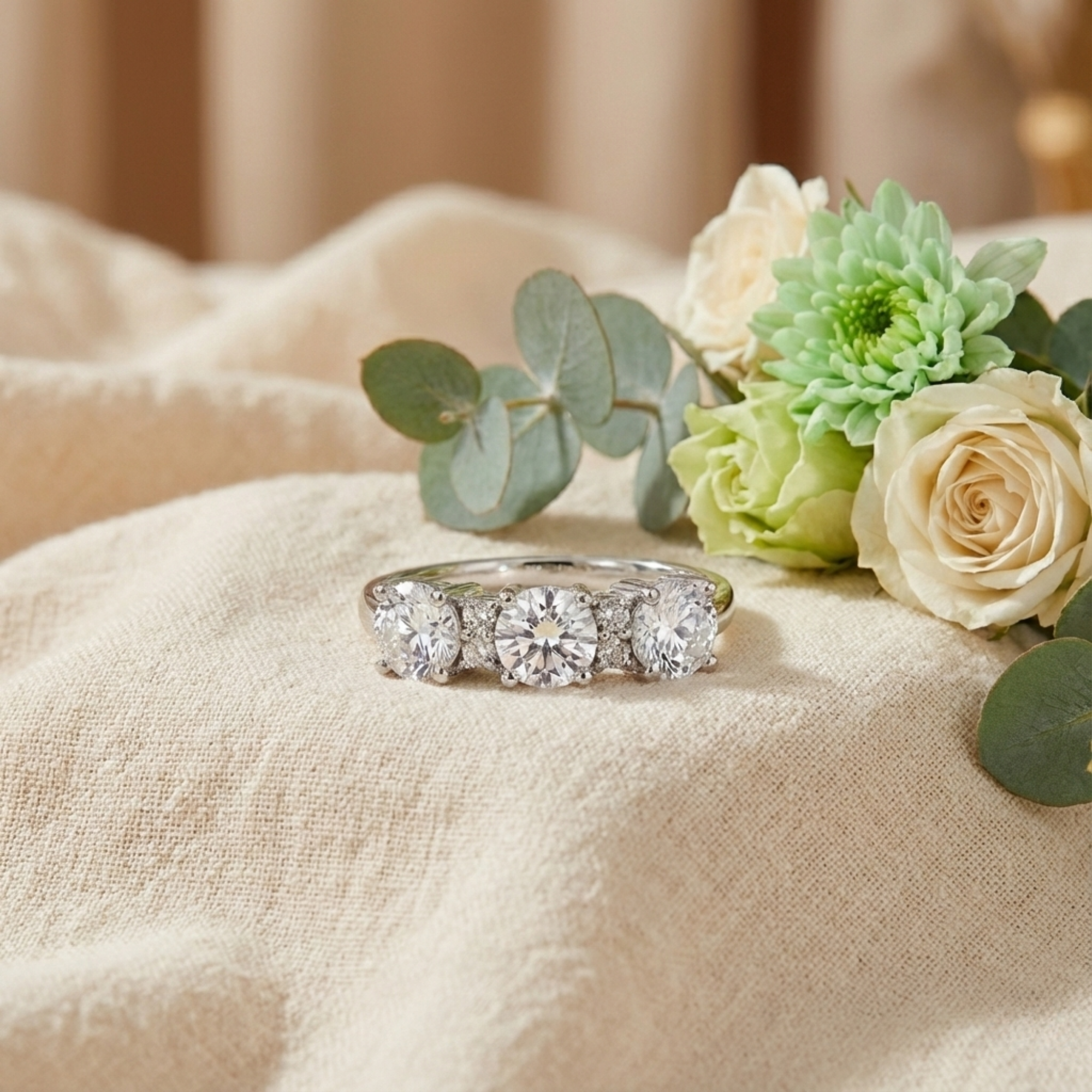 Anillo de tres piedras con topacio blanco