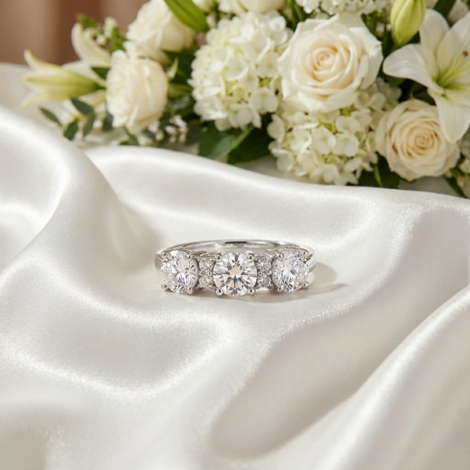 Anillo de tres piedras con topacio blanco