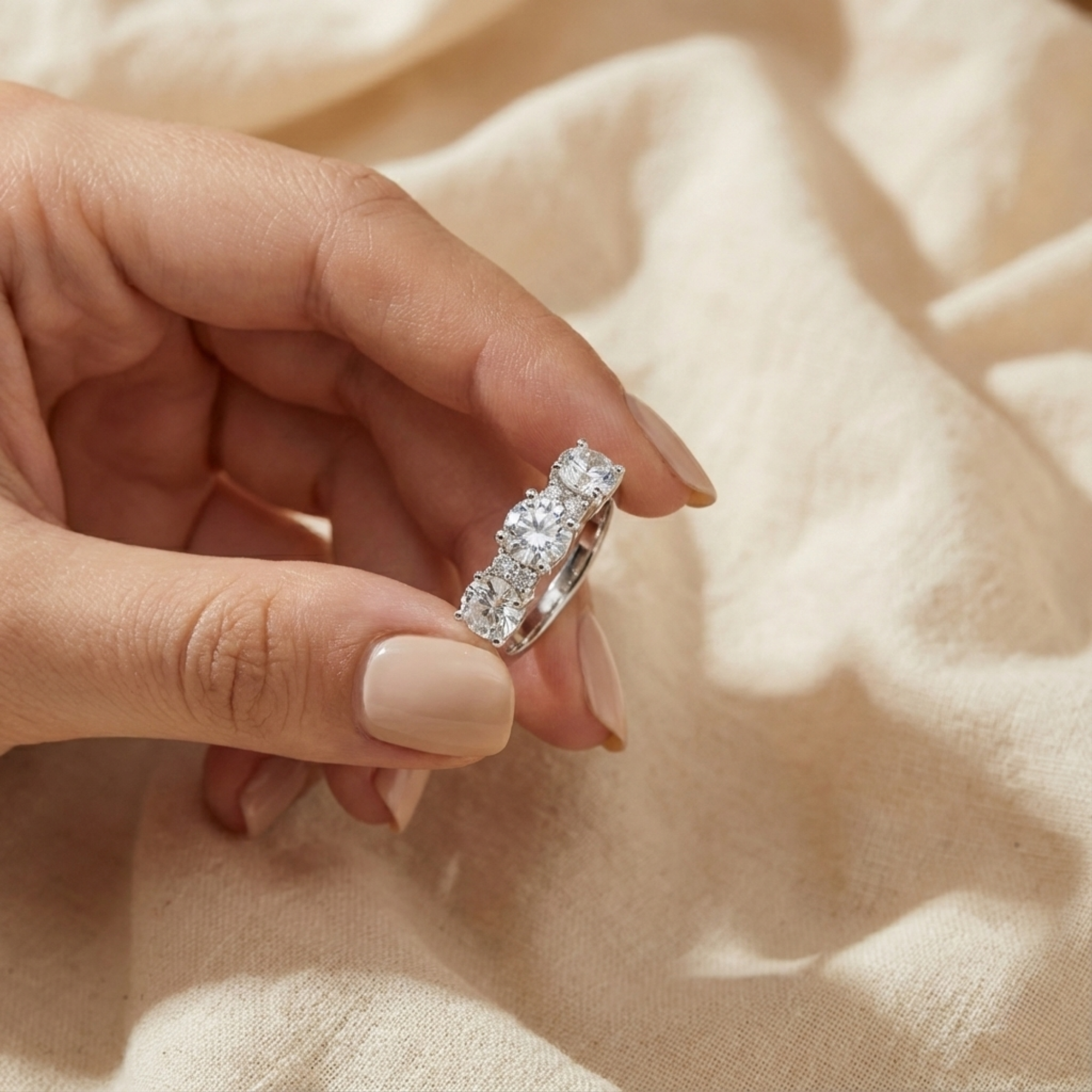 Anillo de tres piedras con topacio blanco