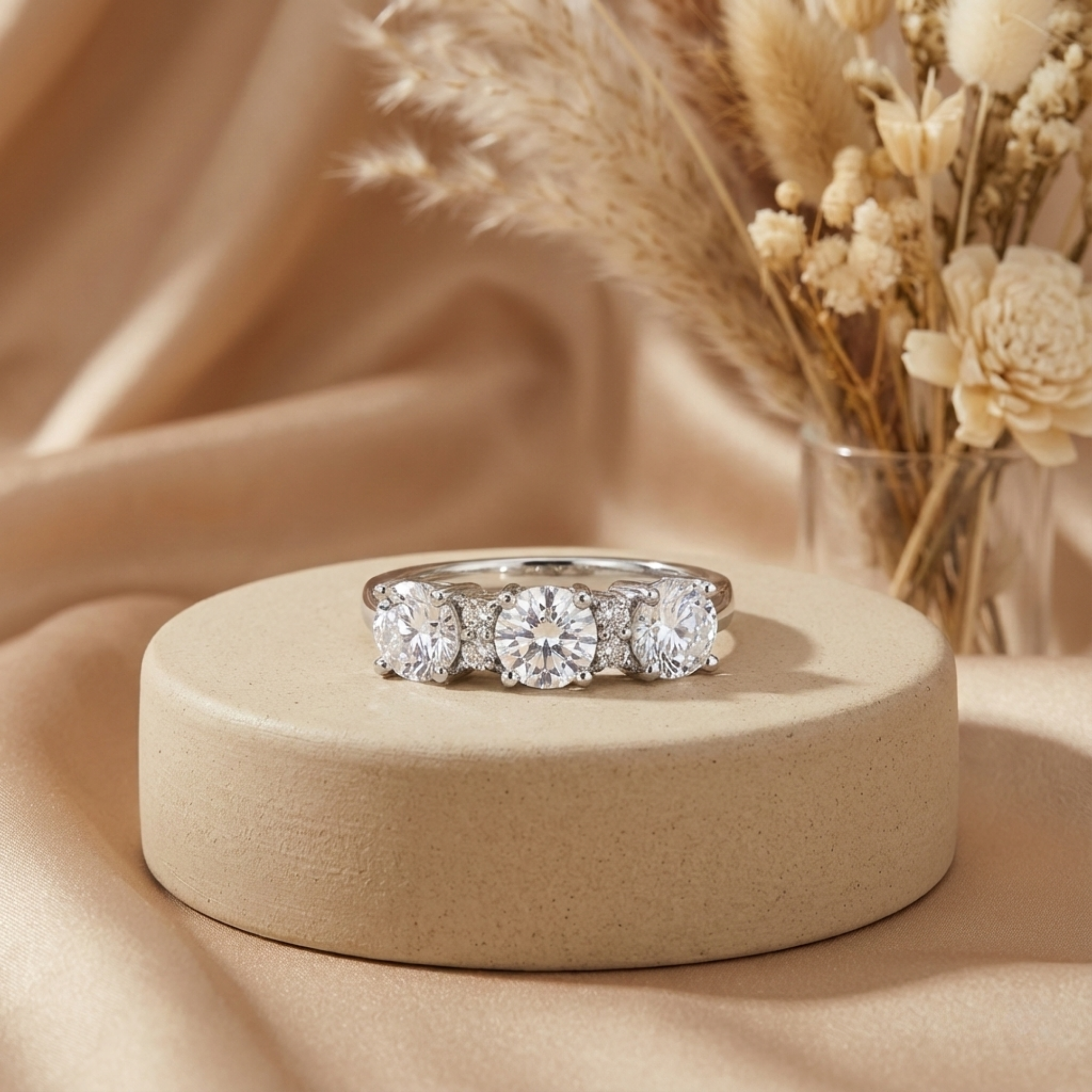 Anillo de tres piedras con topacio blanco