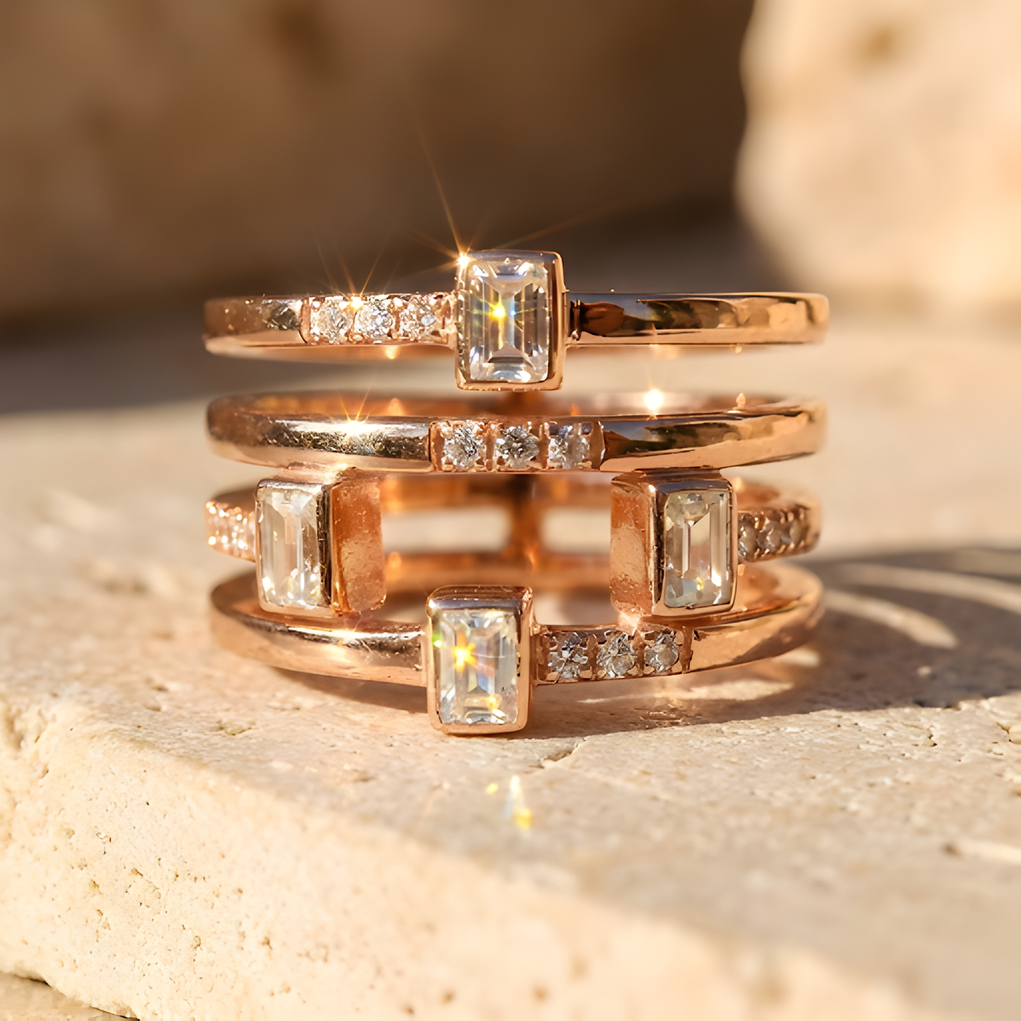 Bague fantaisie à quatre bandes avec saphir blanc