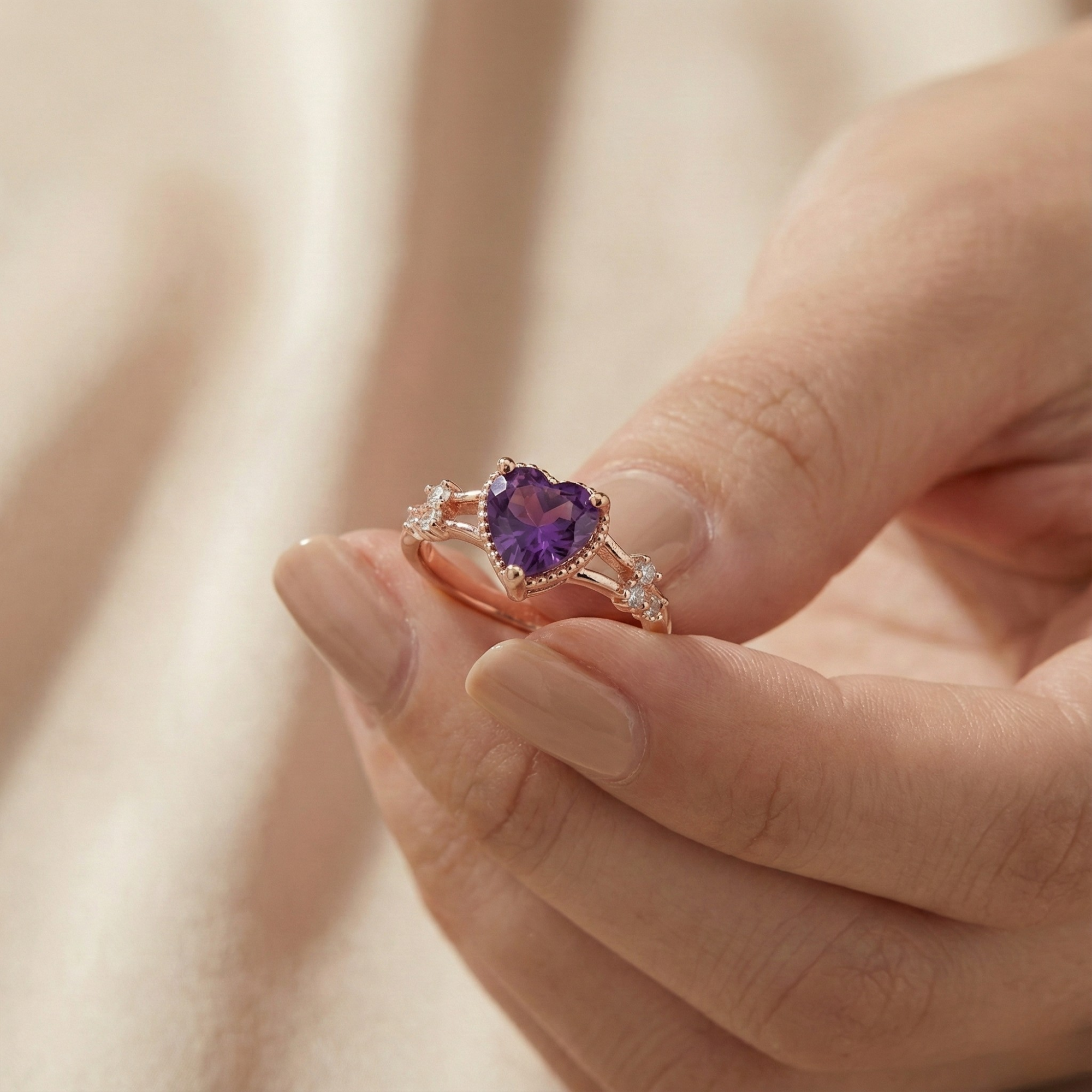 Amethyst Split Band Heart Ring